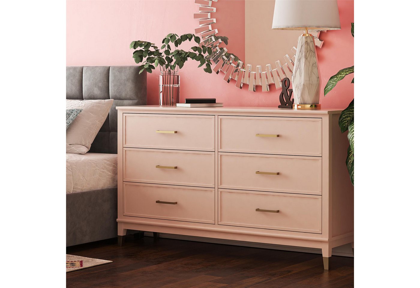 Dorel Home Kommode Westerleigh, mit 6 Schubladen, MDF, Beine aus Massivholz, Höhe 85 cm, Breite 145 cm