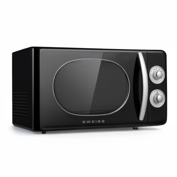 SWEISS Vintage – Mikrowelle MOVI9, 20L Schwarz, 700W, 6 Kochstufen, Auftaufunktion