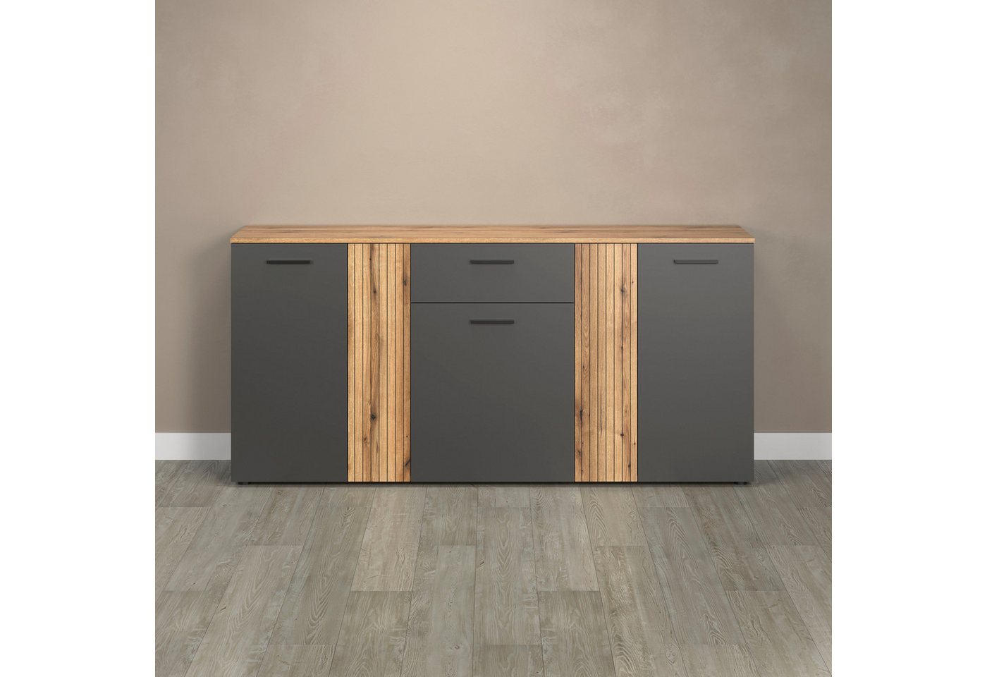 Home affaire Kommode Estepona, Sideboard mit anpassbaren Türen mit Rillen-Optik