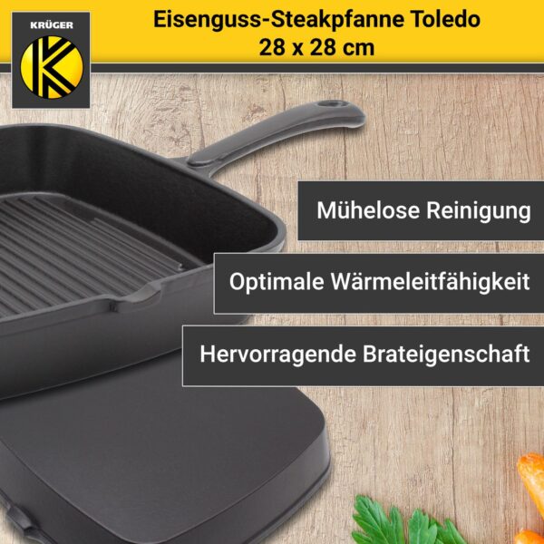 Karl Krüger KRÜGER Eisenguss Grillpfanne Toledo 28 x 28 cm – geriffelt mit zwei Ausgüssen