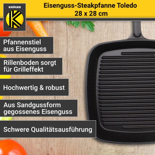 Karl Krüger KRÜGER Eisenguss Grillpfanne Toledo 28 x 28 cm – geriffelt mit zwei Ausgüssen