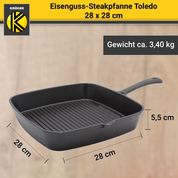 Karl Krüger KRÜGER Eisenguss Grillpfanne Toledo 28 x 28 cm – geriffelt mit zwei Ausgüssen