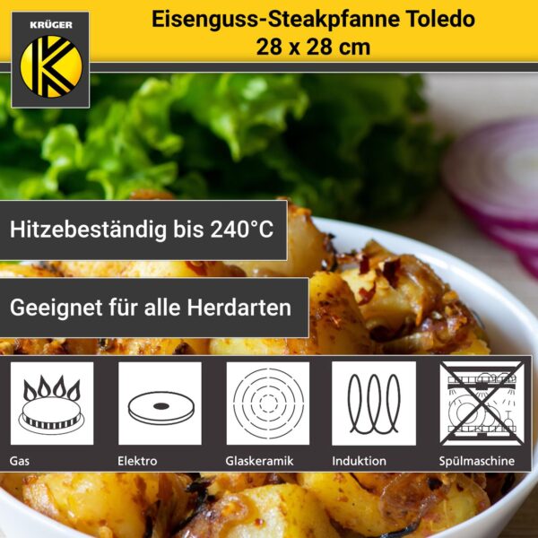 Karl Krüger KRÜGER Eisenguss Grillpfanne Toledo 28 x 28 cm – geriffelt mit zwei Ausgüssen