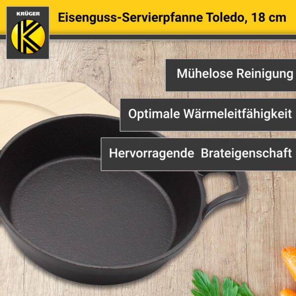 Karl Krüger KRÜGER Eisenguss Servierpfanne Toledo Ø 18 cm – mit Holzteller – hohe Wärmespeicherung