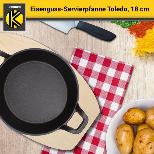 Karl Krüger KRÜGER Eisenguss Servierpfanne Toledo Ø 18 cm – mit Holzteller – hohe Wärmespeicherung