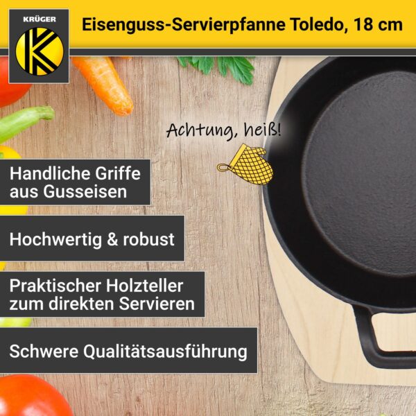 Karl Krüger KRÜGER Eisenguss Servierpfanne Toledo Ø 18 cm – mit Holzteller – hohe Wärmespeicherung