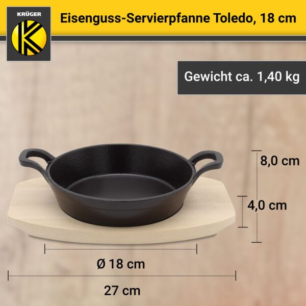 Karl Krüger KRÜGER Eisenguss Servierpfanne Toledo Ø 18 cm – mit Holzteller – hohe Wärmespeicherung