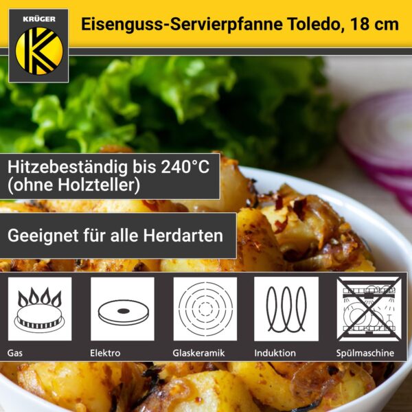 Karl Krüger KRÜGER Eisenguss Servierpfanne Toledo Ø 18 cm – mit Holzteller – hohe Wärmespeicherung