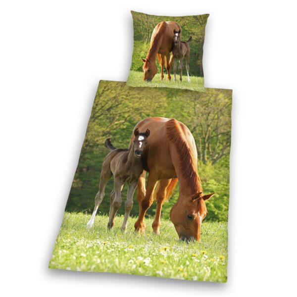 Herding Pferd mit Fohlen Bettwäsche Größe 80x80 + 135x200 cm