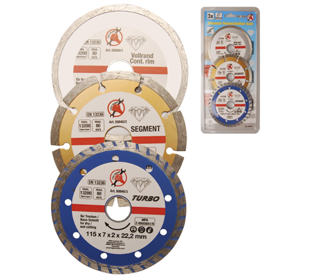 Heka Werkzeuge GmbH Diamant – Trennscheiben – Set 3 – tlg. Ø 115 7x2x22, 2 mm Vollrand, Segment, Turbo