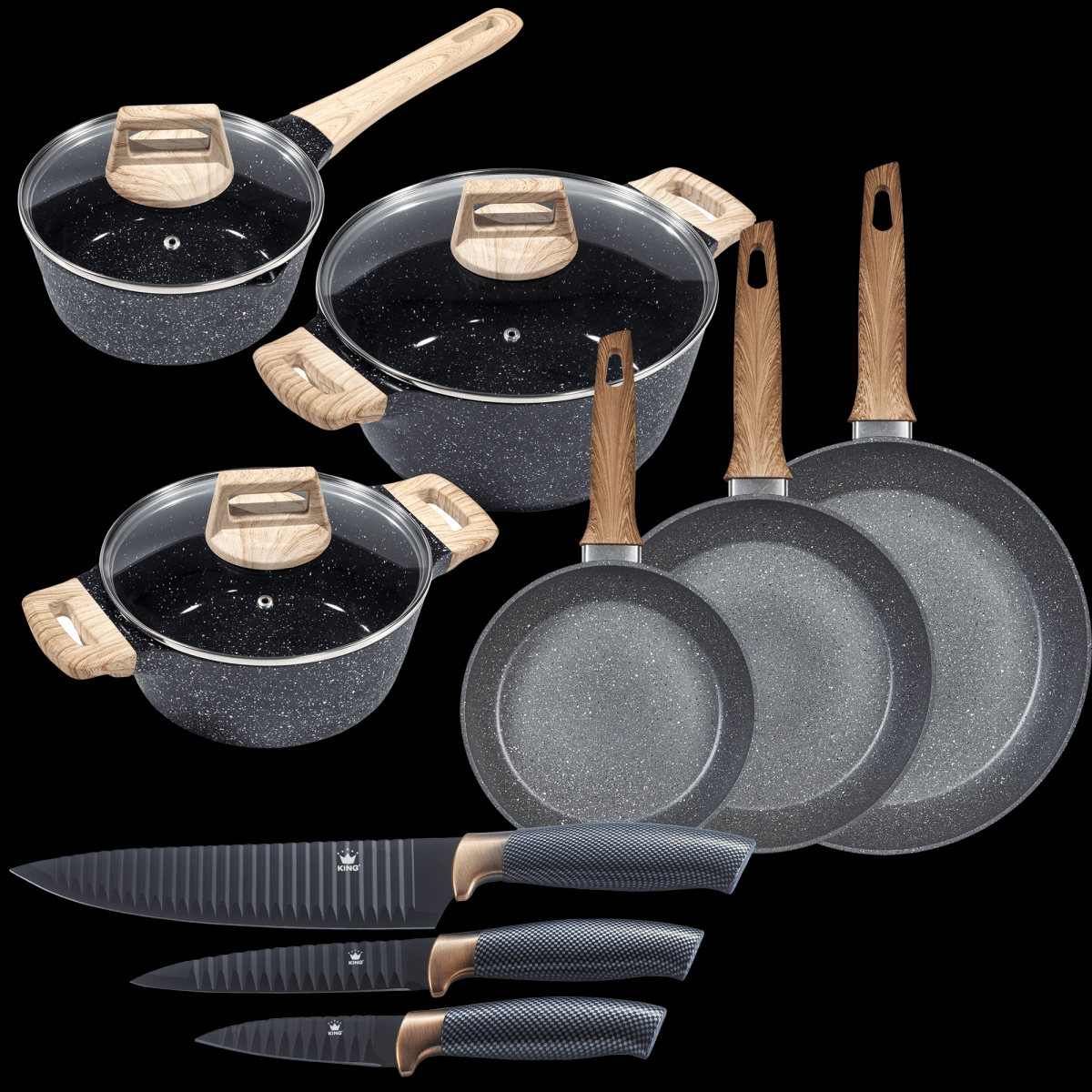 King 9tlg. Vorteilsset ESSENTIAL inkl. Messer, töpfe und Pfannen