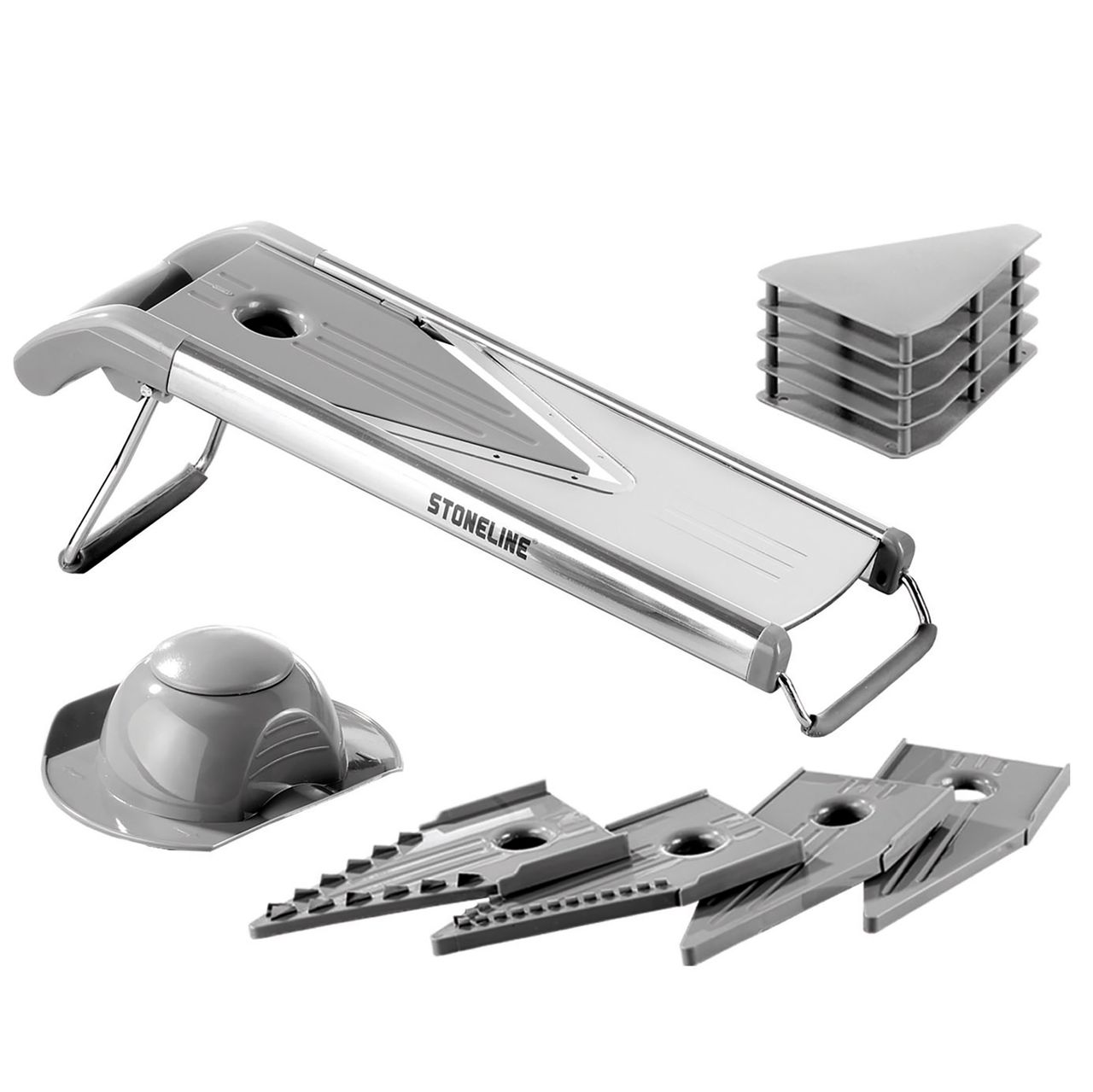 STONELINE® Stoneline V Hobel, Edelstahl, 9 – teilig, mit 5 Einsätzen, Mehrzweck Gemüseschneider, Gemüsehobel