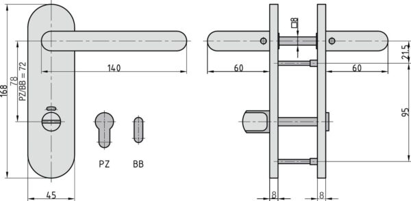 Basi Kurzschild – Drücker – Garnitur – ZB 3800 – Edelstahl – Lochung: Profilzylinder
