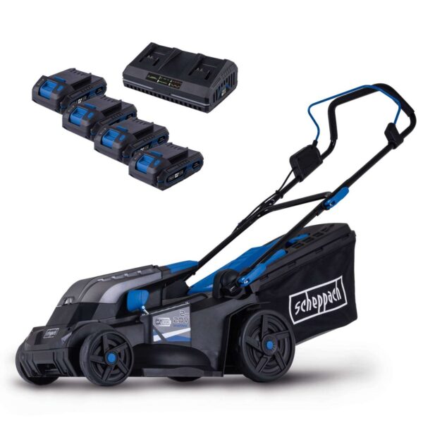 Scheppach Akku – Rasenmäher BC – MP380 – X – SET S4 inkl. 4x 2Ah Akku + Doppelladegerät
