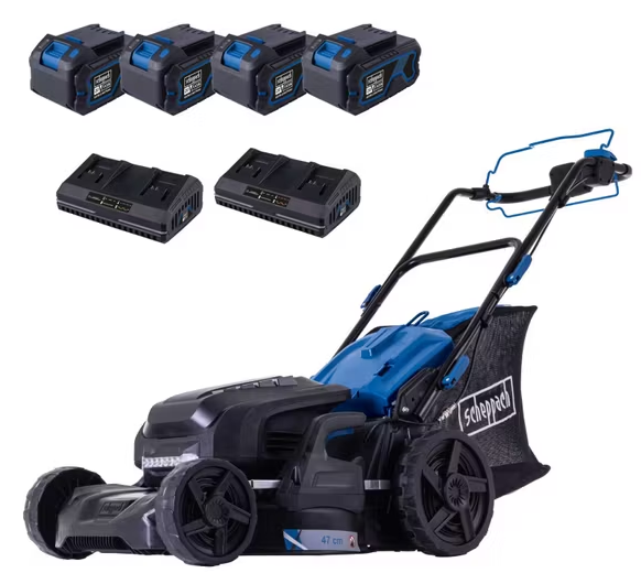 Scheppach 6in1 Akku – Rasenmäher BC – MP470 – X – Set XL2x2 inkl. 4x 4Ah Akku + 2 4, 5A Doppelladegerät