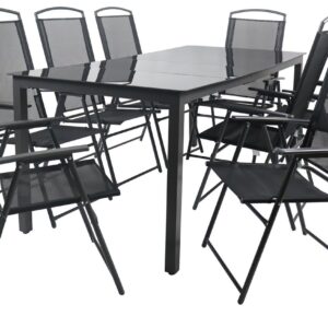 VCM 9 – tlg Gartenmöbel Sitzgruppe Gartenmöbel Glas Tisch Stühle Hochlehner Set 190 Schwarzglas