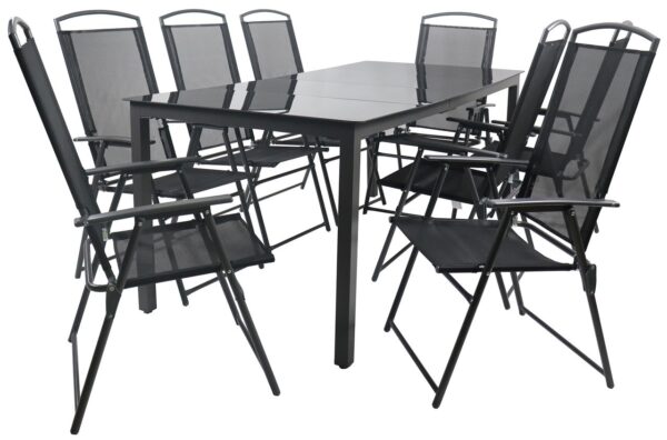 VCM 9 – tlg Gartenmöbel Sitzgruppe Gartenmöbel Glas Tisch Stühle Hochlehner Set 190 Schwarzglas