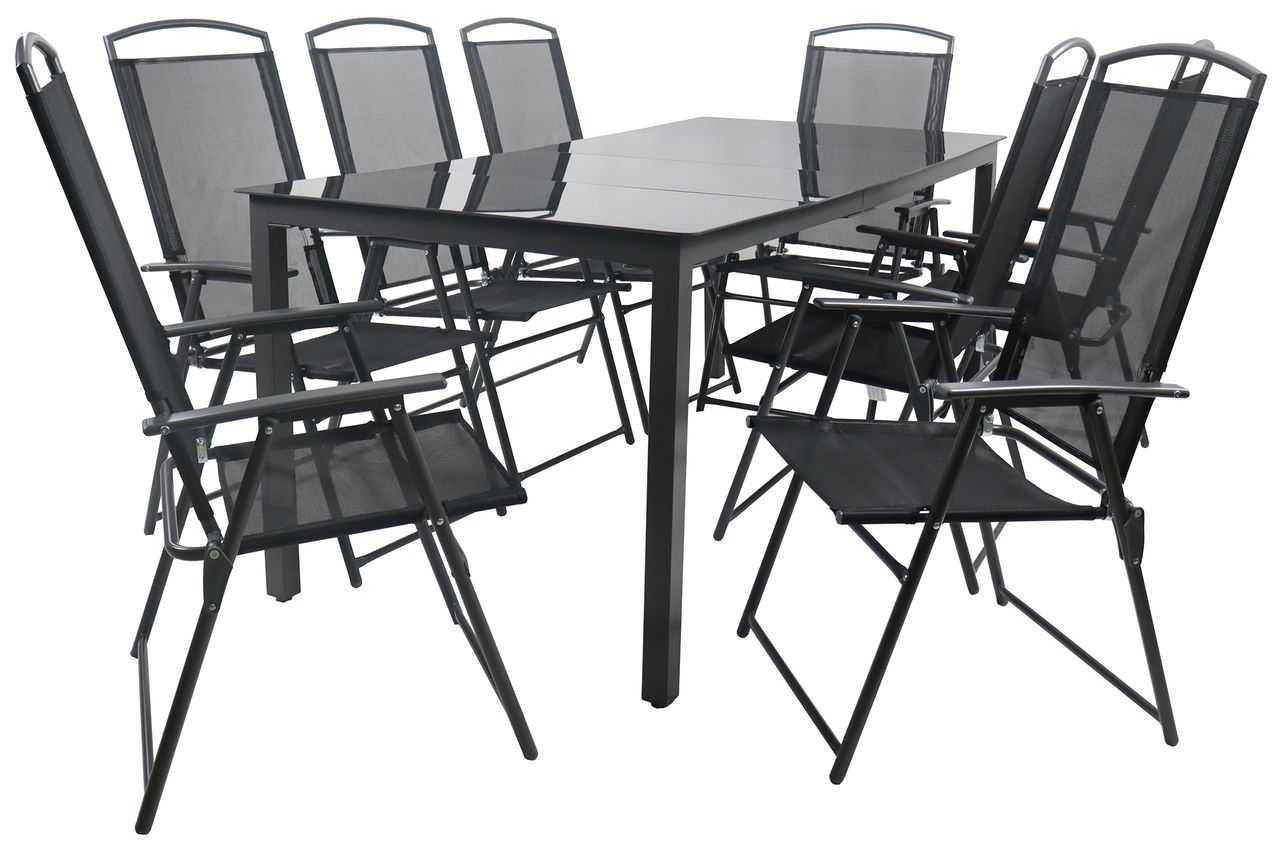 VCM 9 – tlg Gartenmöbel Sitzgruppe Gartenmöbel Glas Tisch Stühle Hochlehner Set 190 Schwarzglas