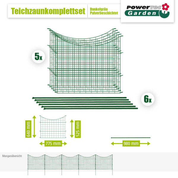 4059306000067-1 POWERTEC GARDEN 11tlg. Teichzaun Unterbogen, ca. 390 x 52, 5 cm – Dunkelgrün