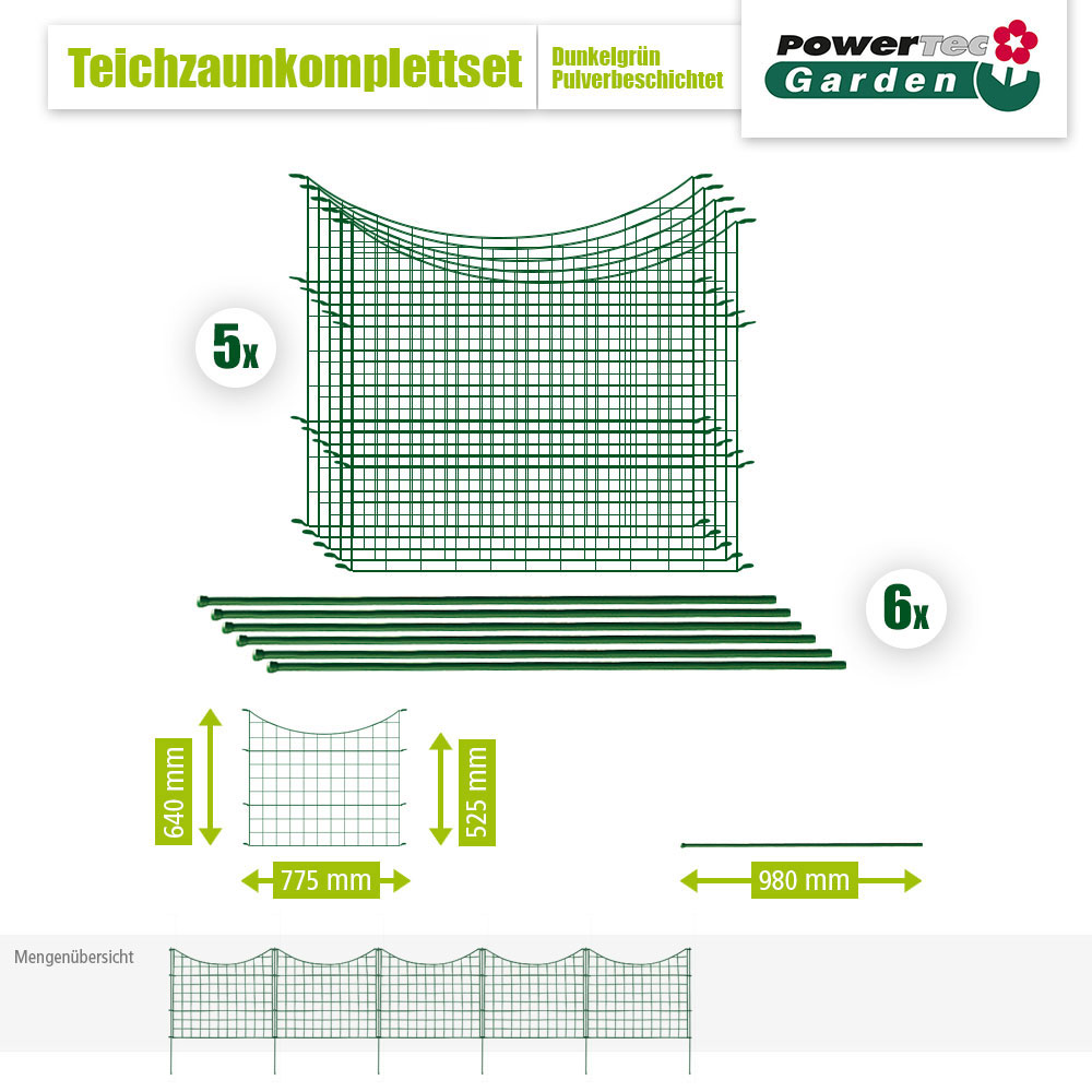 POWERTEC GARDEN 11tlg. Teichzaun Unterbogen, ca. 390 x 52, 5 cm – Dunkelgrün