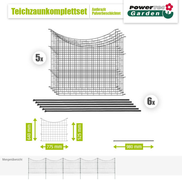 POWERTEC GARDEN 11tlg. Teichzaun Unterbogen, ca. 390 x 52, 5 cm – Anthrazit