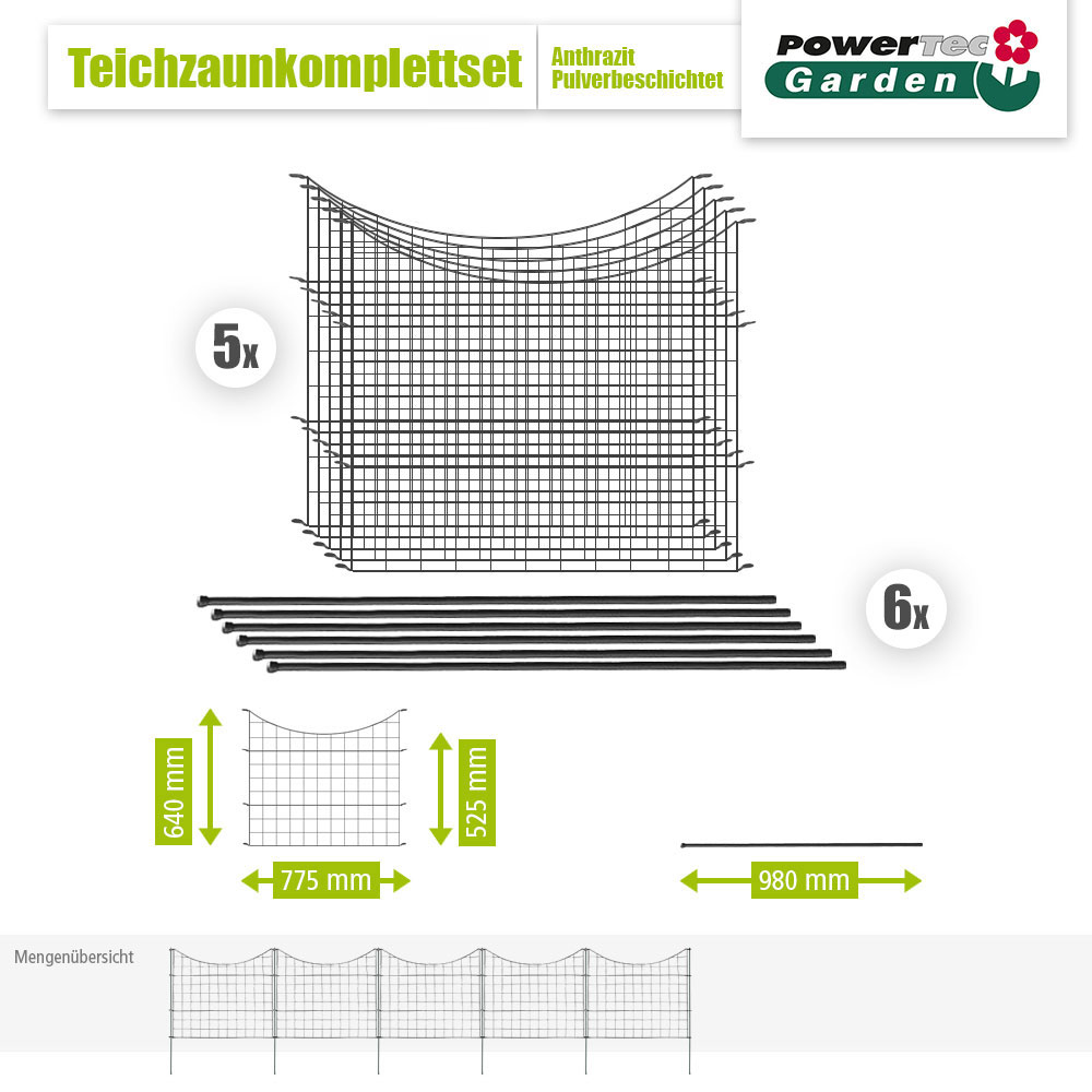 POWERTEC GARDEN 11tlg. Teichzaun Unterbogen, ca. 390 x 52, 5 cm – Anthrazit