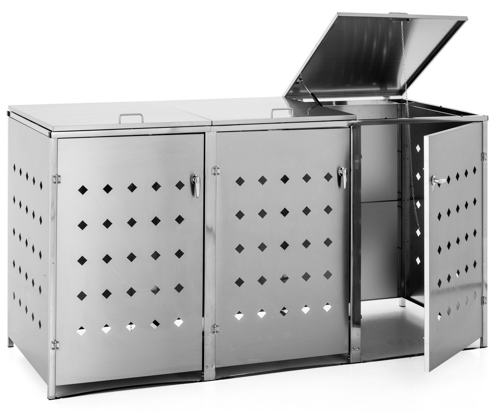 HC Garten & Freizeit 3er Mülltonnenbox Raute aus Edelstahl, ca. 207 x 77, 5 x 115 cm – Silber
