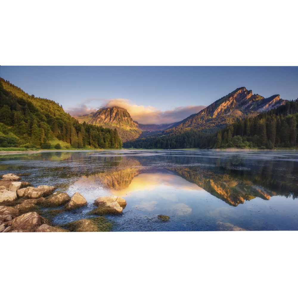 HC Garten & Freizeit Seitenmarkise mit Fotodruck – See mit Bergen. Auszug links – Bild rechts. ca. 1, 6 x 3 m
