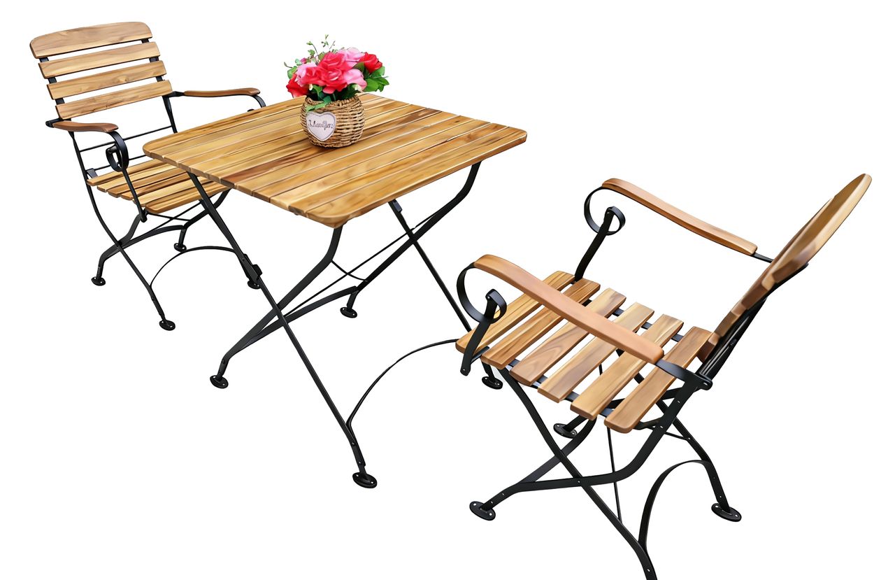 CHILLROI 3tlg. Bistro Outdoor – Klappstuhl – Set, 2 – Sitzer mit 4 Streben aus Akazienholz