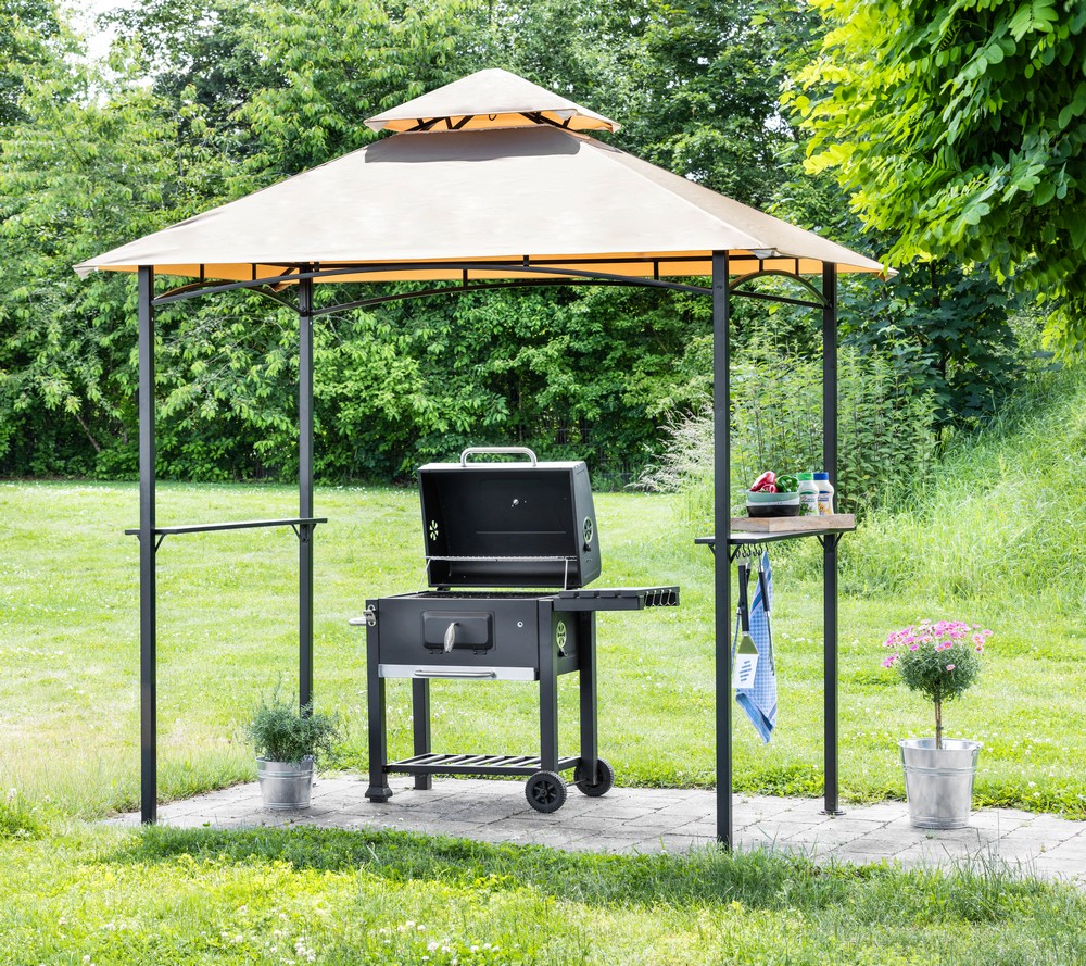 CHILLROI Grillpavillon mit Flammhemmendem Doppeldach aus Stahl und Polyester, ca. 240 x 150 x 265 cm