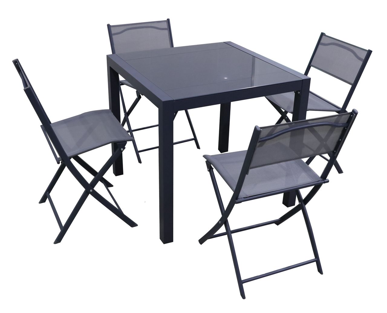 HC Garten & Freizeit 5tlg. Balkonset aus Aluminium mit 4 Stühlen & 1 Glastisch, klappbar – Anthrazitgrau