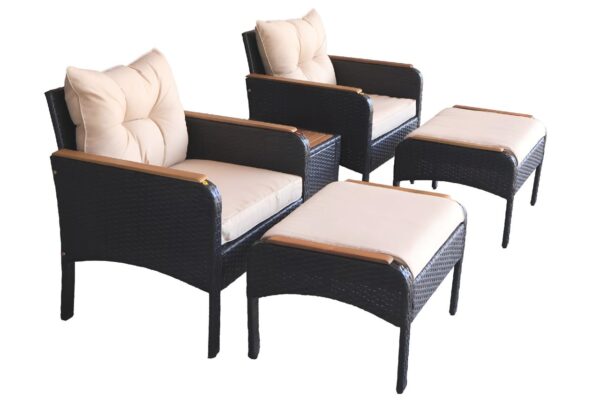 HC Garten & Freizeit Gartenmöbelset Rattan – Möbelset Gartenstuhl mit Hocker 5tlg. mit Armlehne aus Akazienholz – beige