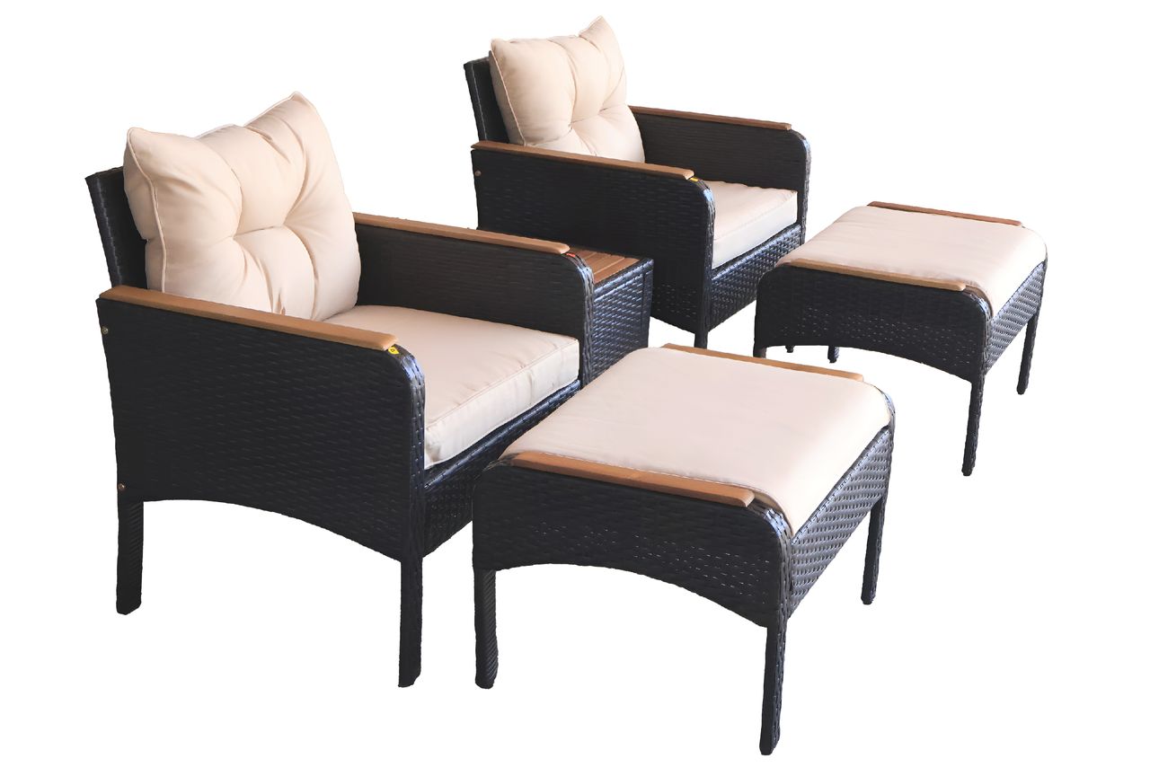 HC Garten & Freizeit Gartenmöbelset Rattan – Möbelset Gartenstuhl mit Hocker 5tlg. mit Armlehne aus Akazienholz – beige