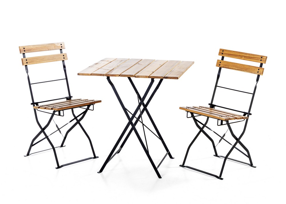 CHILLROI 3tlg. Bistro Outdoor – Klappstuhl – Set, 2 – Sitzer ohne Armlehne aus Akazienholz