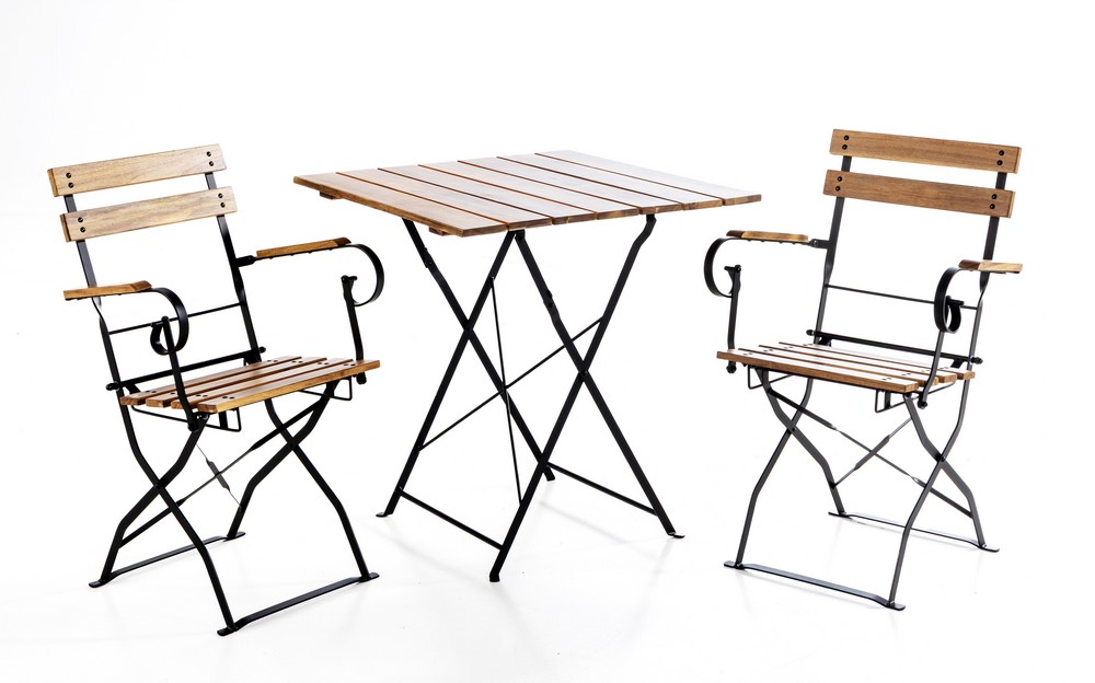 CHILLROI 3tlg. Bistro Outdoor – Klappstuhl – Set, 2 – Sitzer mit 2 Streben aus Akazienholz