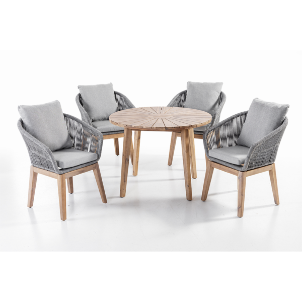 Prestige Home Living Outdoor 5tlg. Dining – Set Norwich aus Akazien und Rope – Geflecht inkl. Polsterauflage – Grau