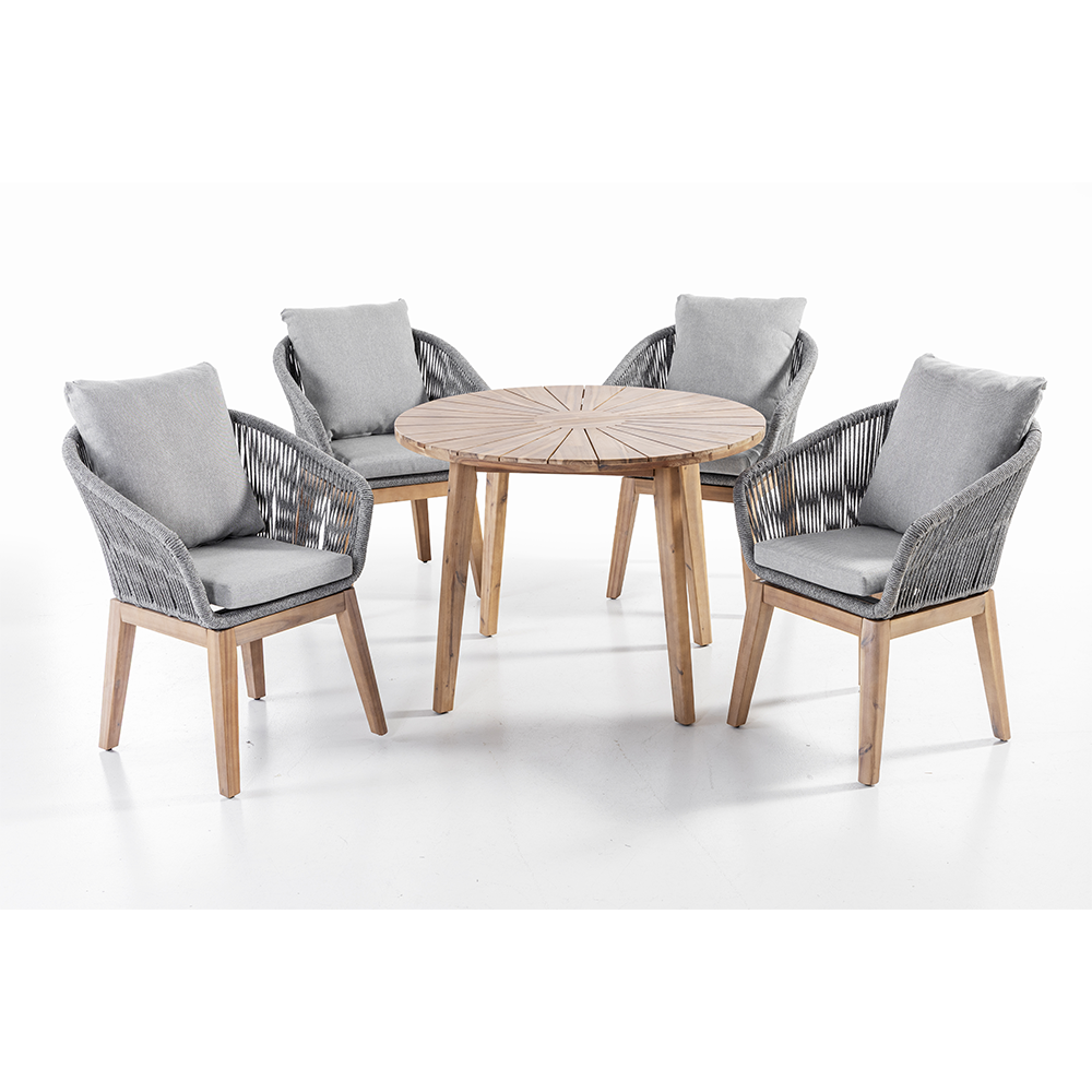 Prestige Home Living Outdoor 5tlg. Dining – Set Norwich aus Akazien und Rope – Geflecht inkl. Polsterauflage – Grau