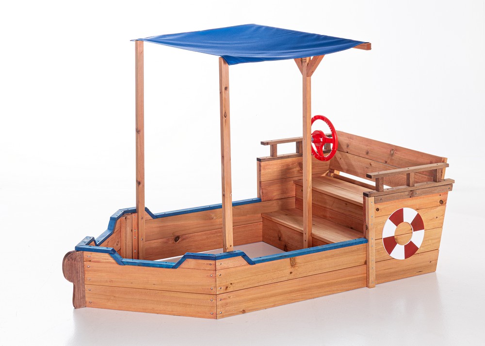 POWERTEC GARDEN Sandkasten Schiffsoptik aus 100% massivem Tannenholz, ca.160cm x 78 cm x 100 cm