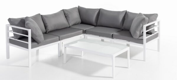 Hardin 1fachgut 17tlg. Ecklounge – Set mit Glastisch aus Aluminium – Weiß/Grau