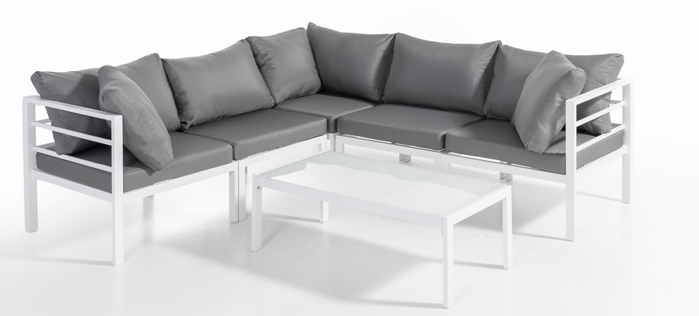 Hardin 1fachgut 17tlg. Ecklounge – Set mit Glastisch aus Aluminium – Weiß/Grau