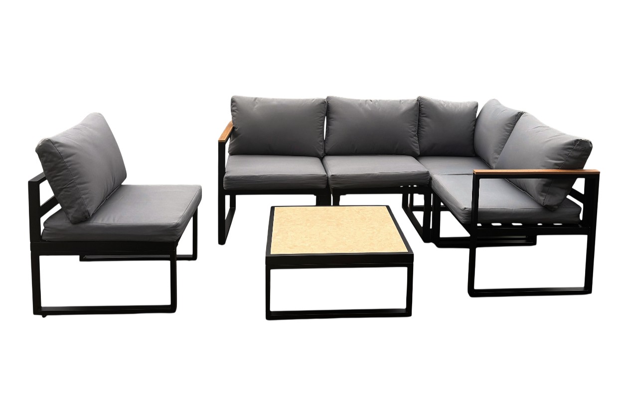 Hardin 1fachgut 17.tlg Ecklounge “Santorini” aus Aluminium mit Tisch & Sessel, armlehne – Schwarz/Dunkelgrau