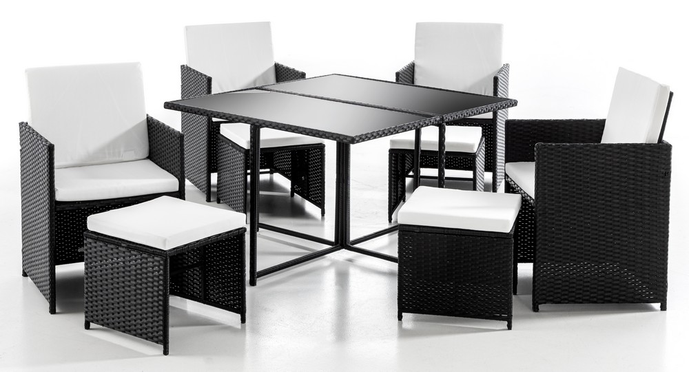 Hardin 1fachgut 21tlg. Polyrattan – Sitzgruppe CUBE 4+4 mit platzsparendem Würfelsystem – Schwarz