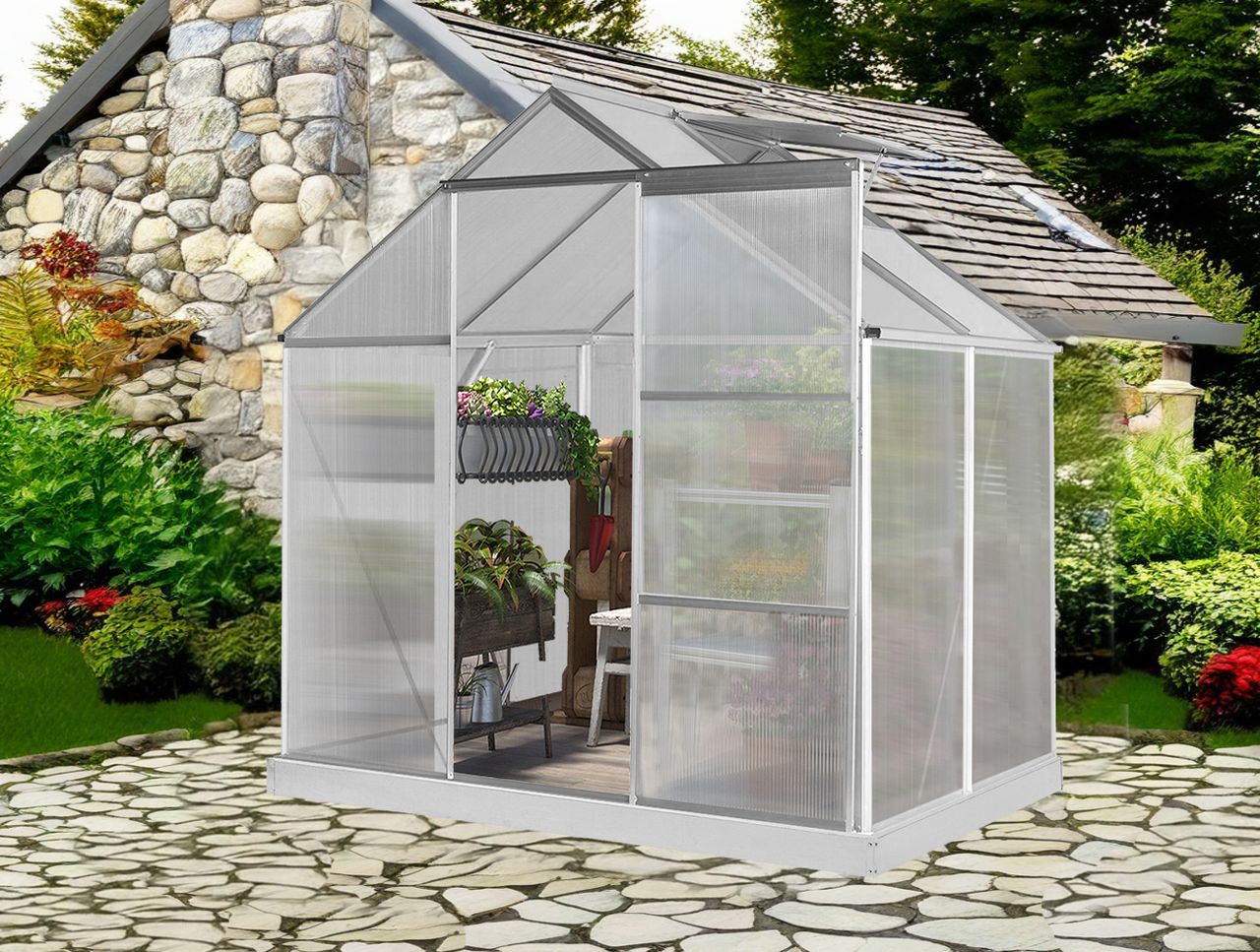 GreenYard Aluminium Gewächshaus mit Dachfenster “Boston”, ca. 130 x 190 x 193 cm – Silber