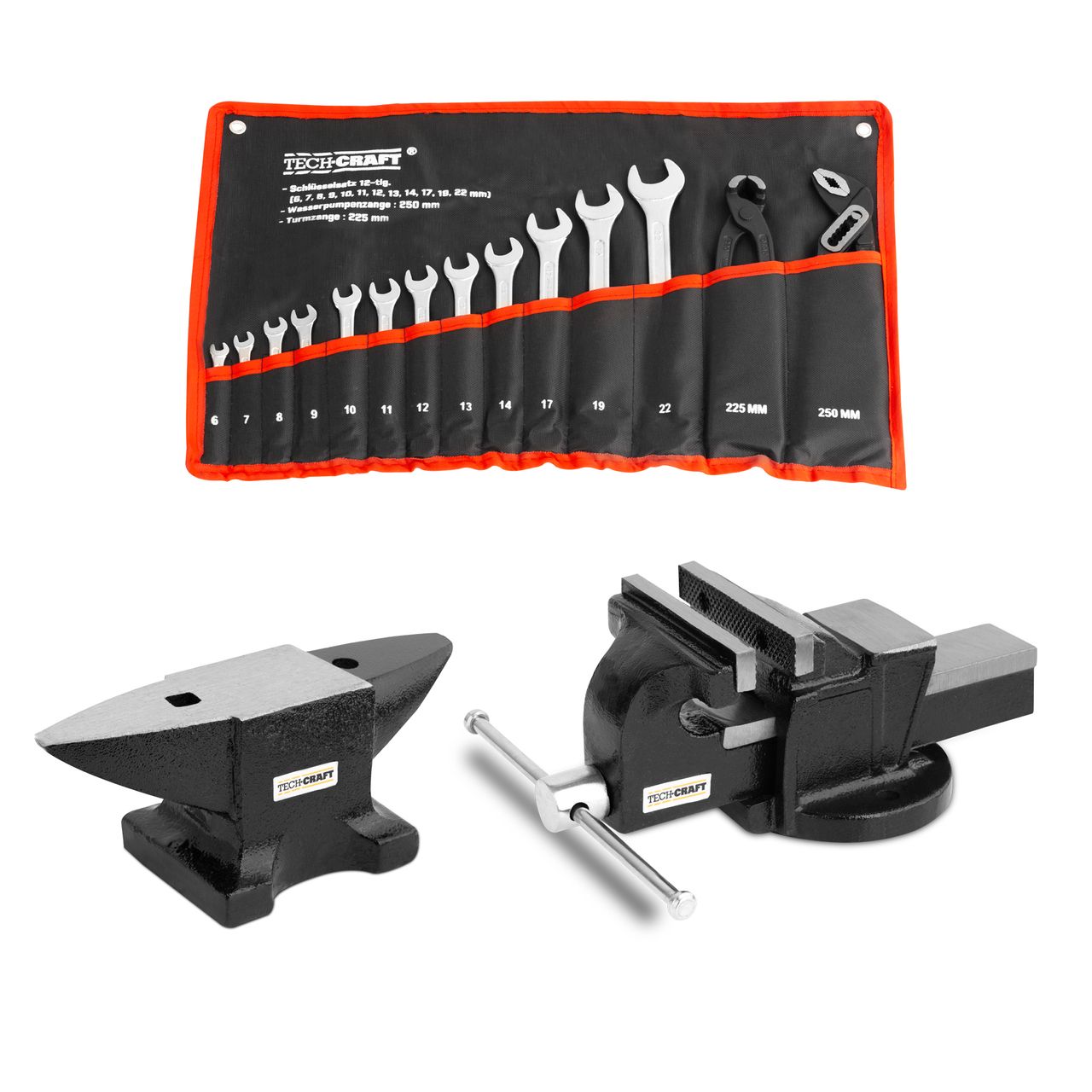 Tech-Craft Werkzeug – Set mit Schraubstock, Amboss, Schraubschlüssel und Zangen – Set 12 tlg.