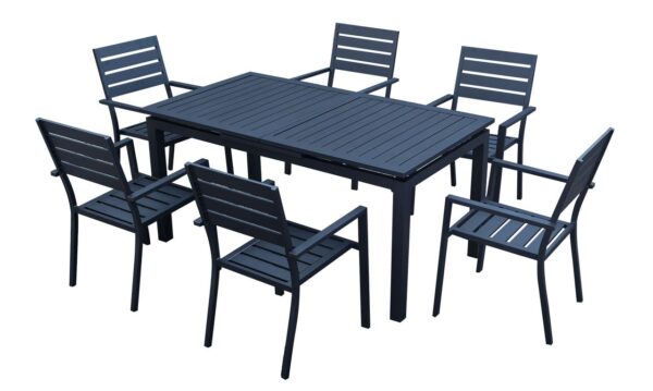 GreenYard 7tlg. Aluminium-Sitzgruppe mit Ausziehtisch & 6 Stapelstühlen – Schwarz