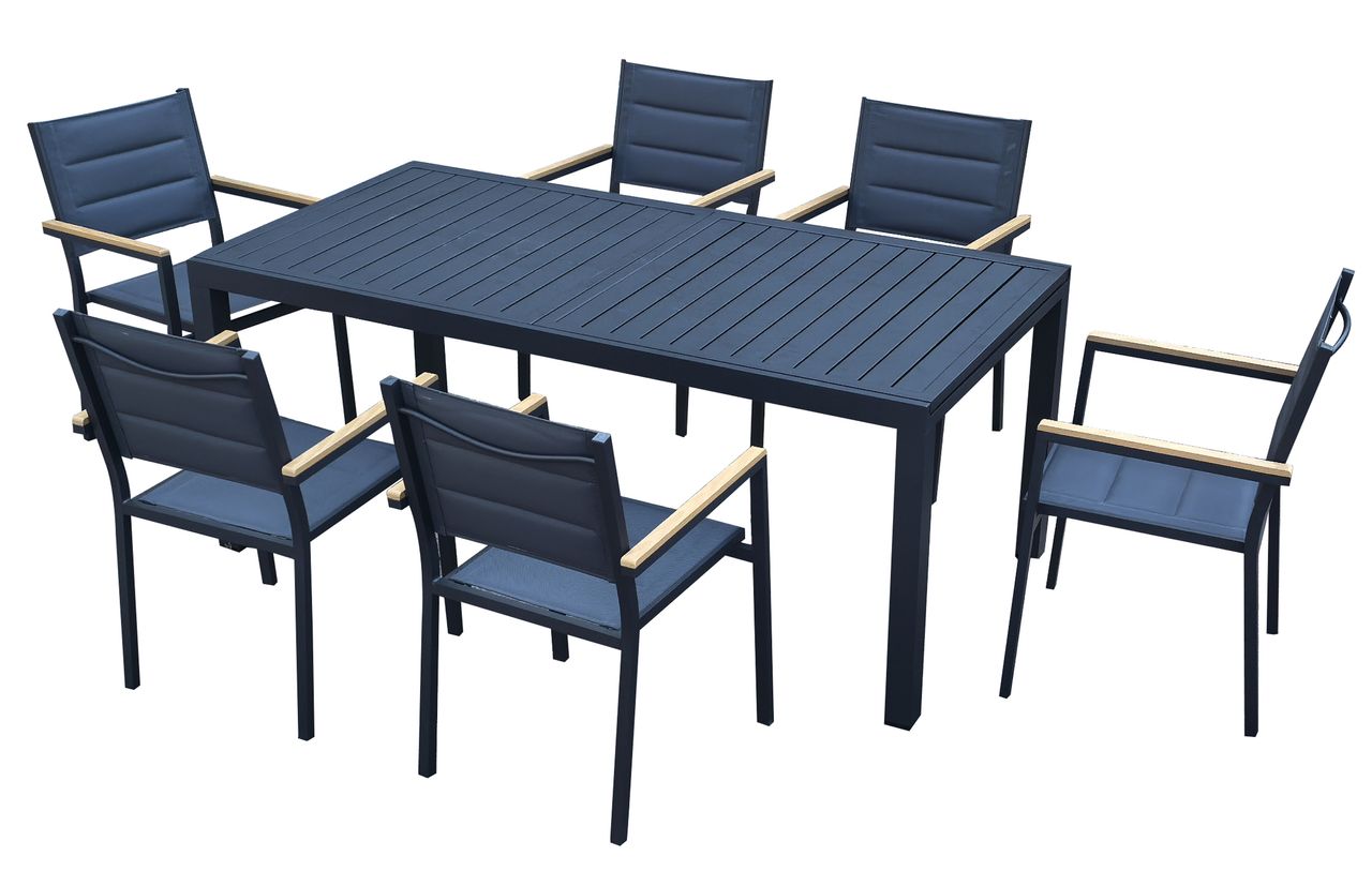 GreenYard 7 – tlg. Sitzgruppe mit Teleskoptisch & 6 Stapelstühlen aus Aluminium – Anthrazit