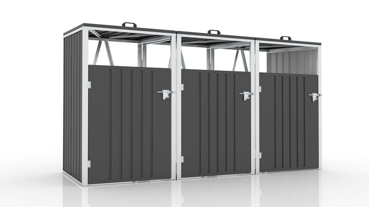 GreenYard 3er Mülltonnenbox aus verzinktem Stahl, ca. 240 x 80 x 122 cm – Anthrazit