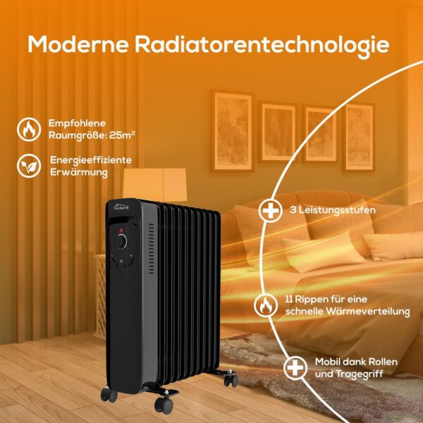 4062048013226-8 Tronitechnik Ölradiator TT – OR 211 Schwarz – 11 Rippen, 3 Heizstufen, Thermostat