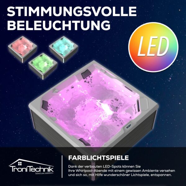 Tronitechnik Outdoor Whirlpool Spa PANAREA 210cm x 210cm mit Heizung, Hydromassage, Farblicht mit Thermoabdeckung