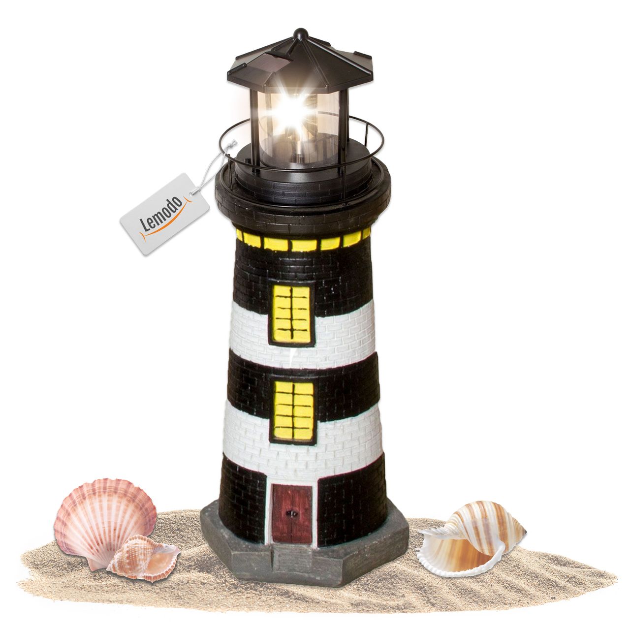 Lemodo Gartendeko Leuchtturm mit Solar schwarz/weiß, handbemalte Gartenfigur 37 cm hoch